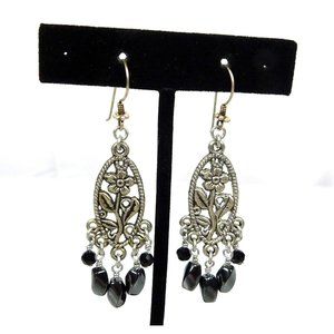 Dangle Chandelier Framed Flower Black Beaded Pierced Earrings Ear Wire